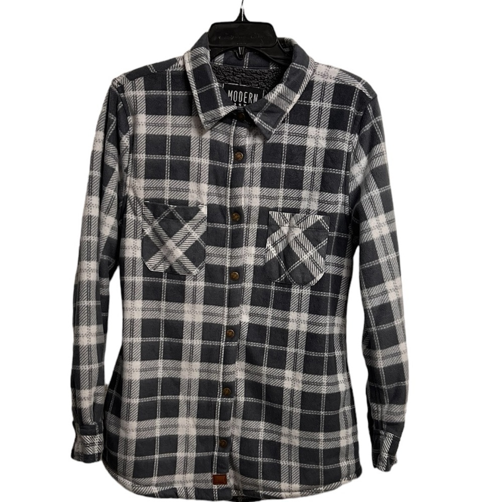 Modern Canvas Gray Plaid Jacket size Medium Sherpa lined